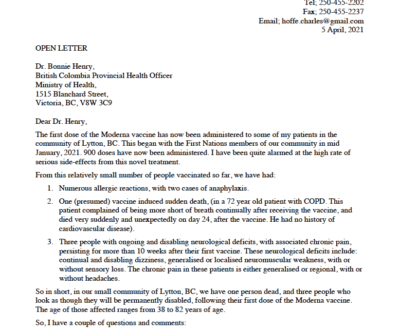 BC Doctor’s Open Letter Regarding Vaccine Adverse Reactions