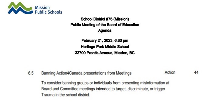 Mission BC SD 75 Defamatory and Libelous Statements Against Action4Canada